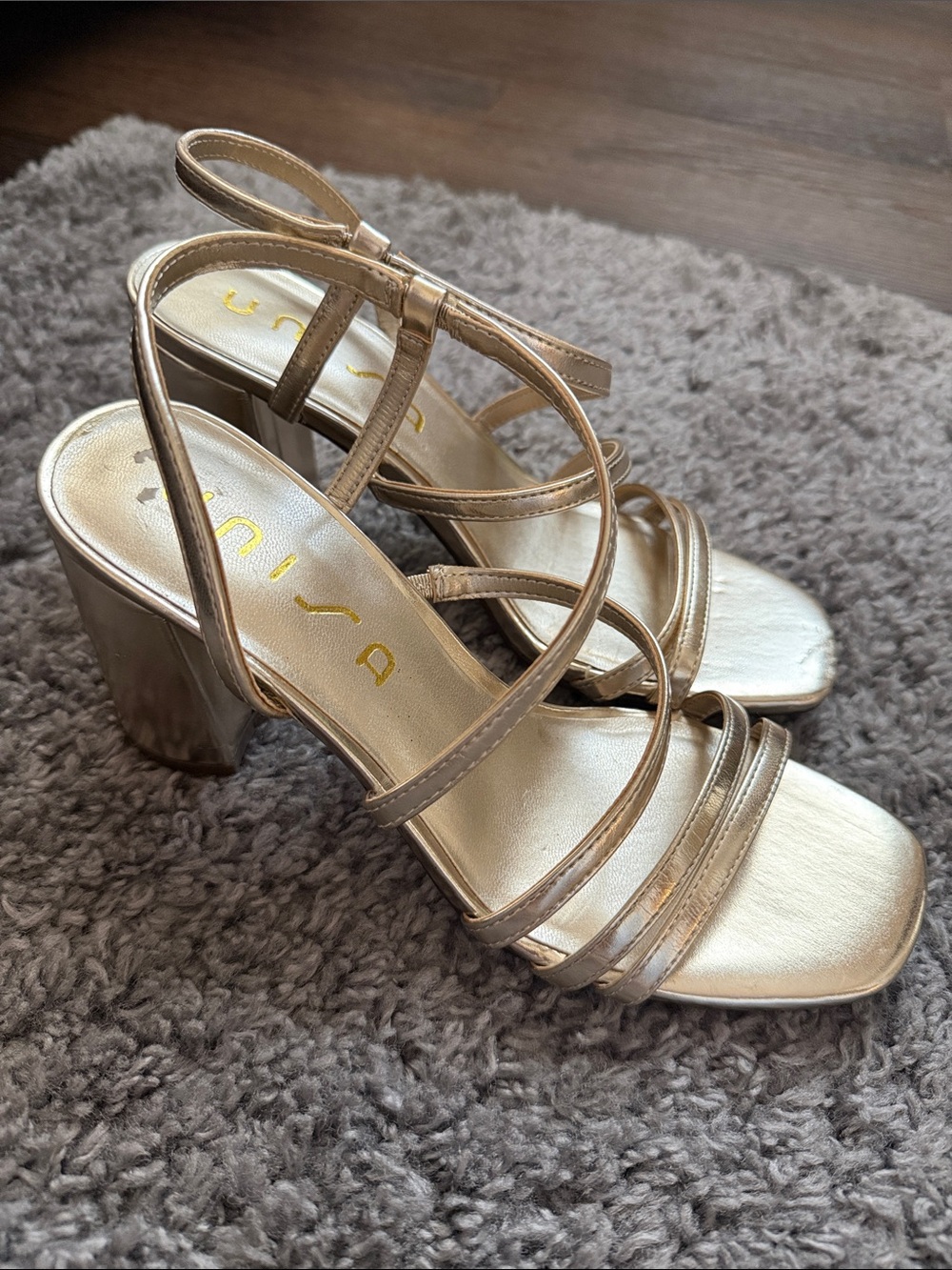 Unisa Metallic Gold Multi-Strap Block Heel Sandal